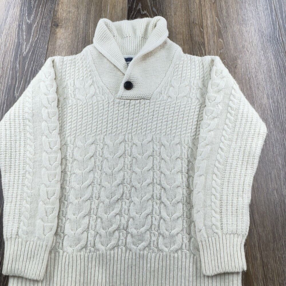 Schott Bros Sweater Womens L Cream Cable Knit Shawl Collar Wool Blend Fisherman